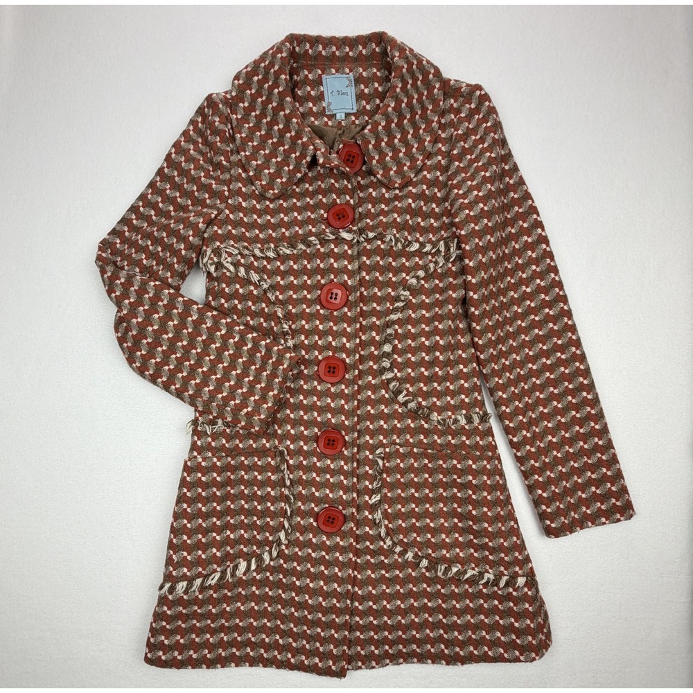 T. Bleu Women Orange Brown Woven Fringe Button Front Coat Small